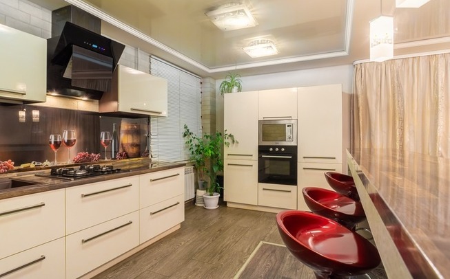 Современная кухня с барной стойкой между кухней и залом