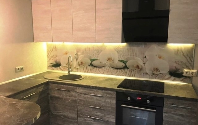 Кухня с барной стойкой между кухней и гостиной