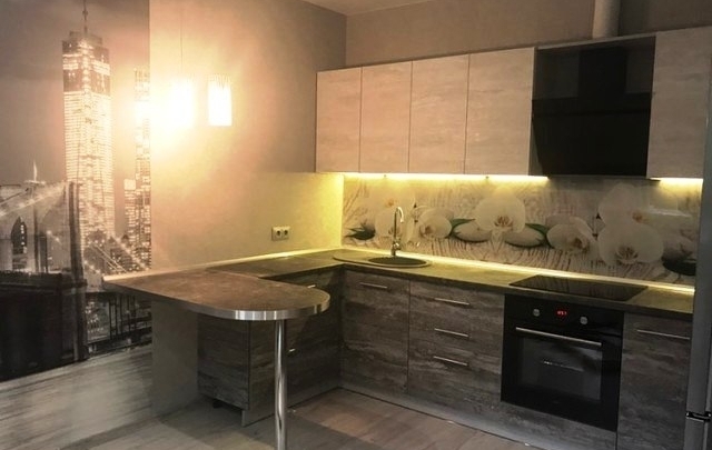 Кухня с барной стойкой между кухней и гостиной