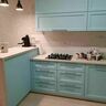 Кухня МДФ голубого цвета с барной стойкой